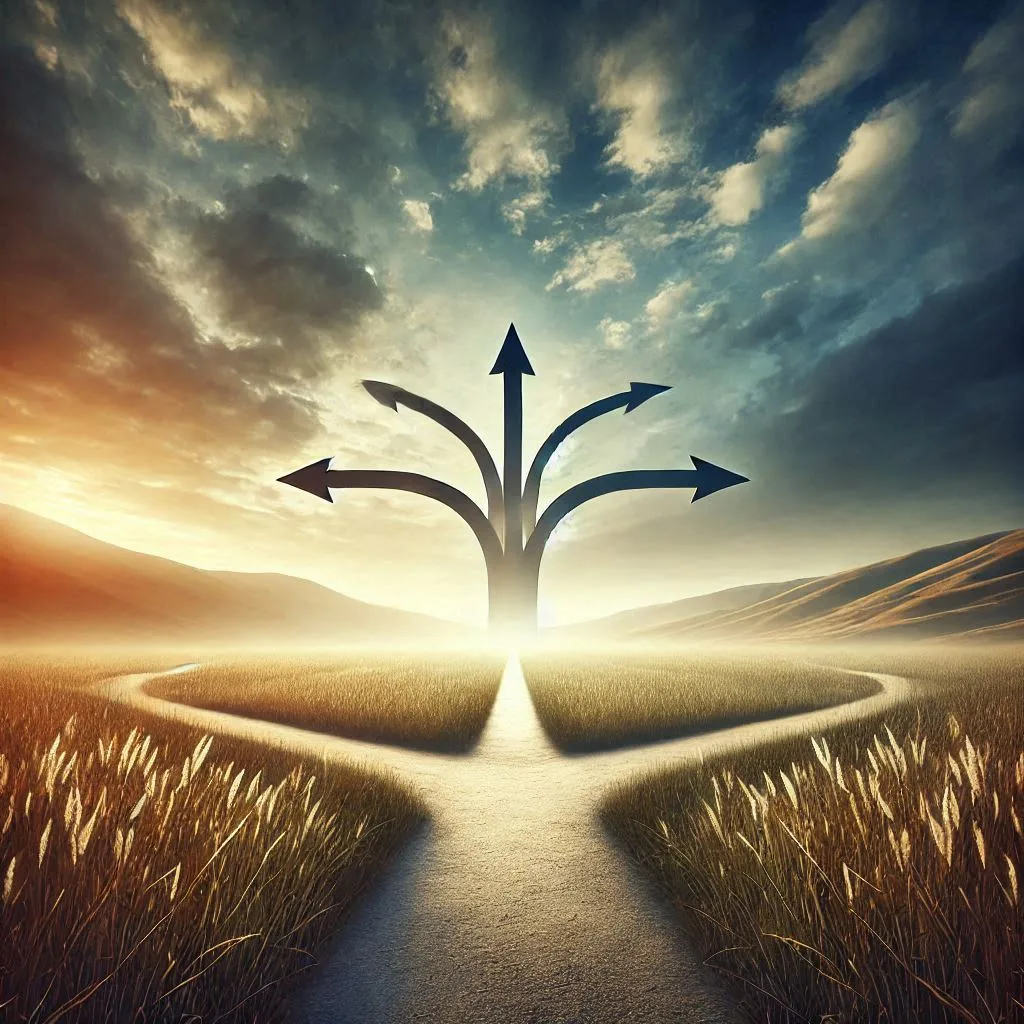 Pathways to Choices  A serene landscape with a clear sky showing a fork in the road with multiple paths leading in different directions symbolizing decision making and the journey to clarity