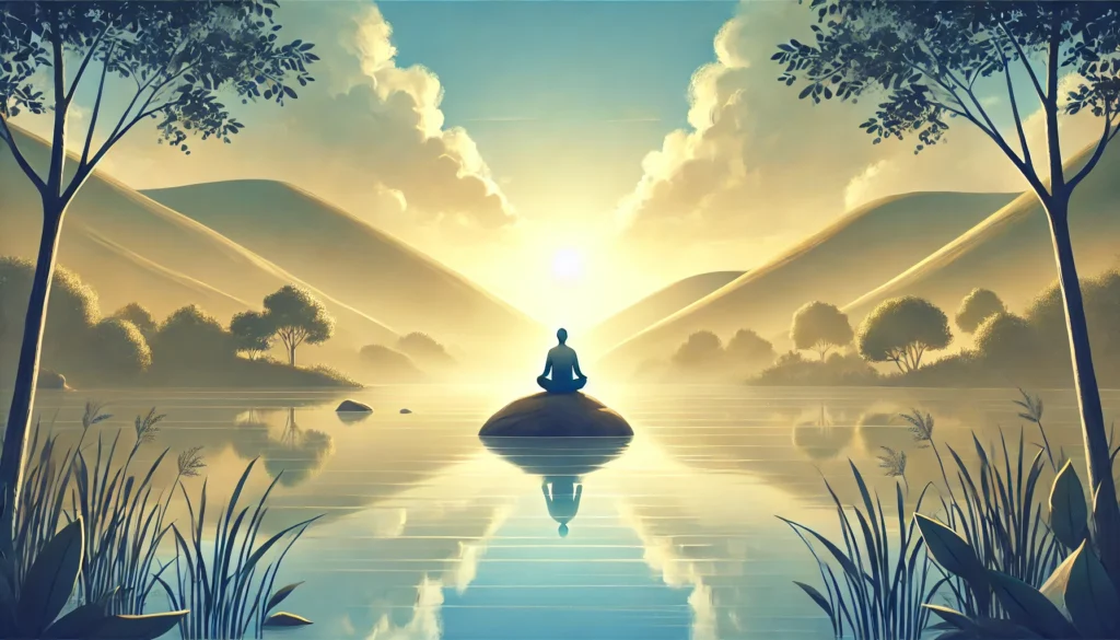 Serene landscape with a person sitting peacefully on a rock by a calm lake, surrounded by soft morning light. The scene represents mindfulness, emotional balance, and personal growth, symbolizing the principles of Dialectical Behavior Therapy (DBT).