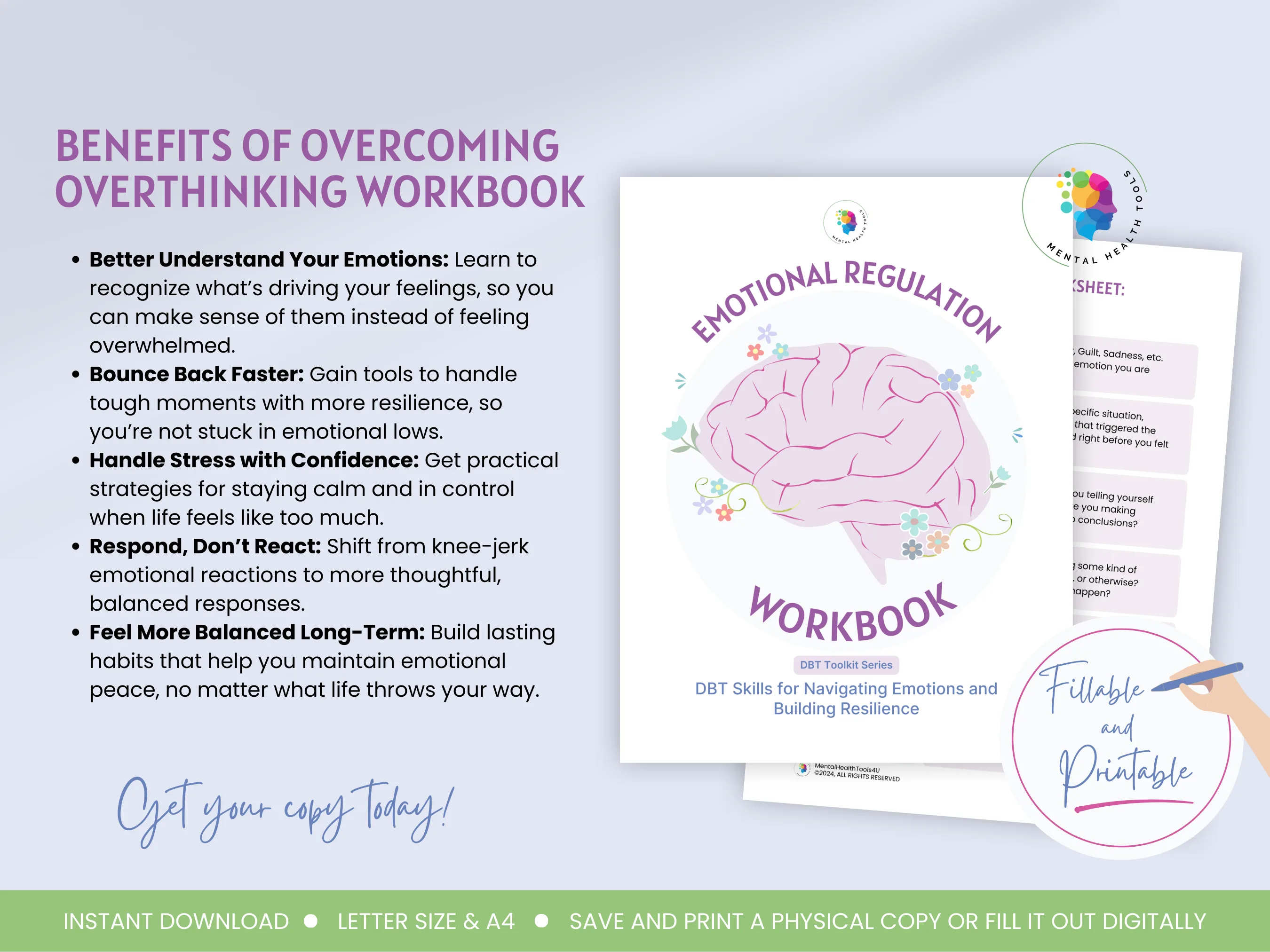 dbt toolkit emotional regulation workbook worksheet learn to emotionally regulate, control your emotions, and self regulate when triggered