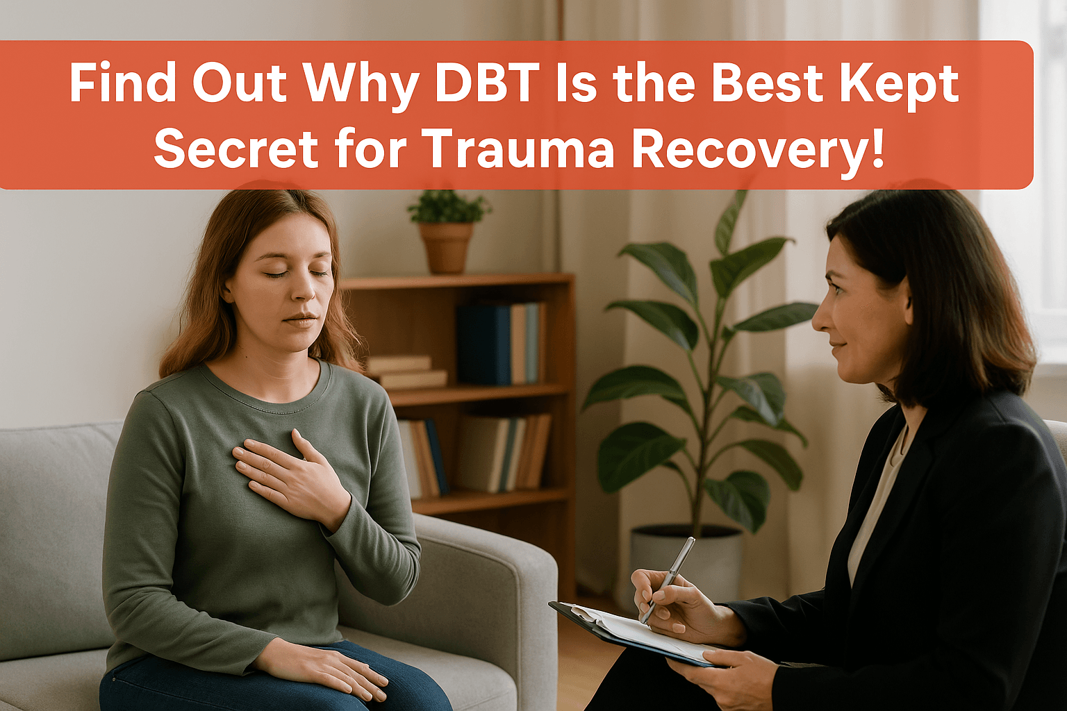 A calming therapy session where a person is learning DBT techniques for trauma recovery. The therapist provides guidance in a warm, supportive environment, promoting healing and emotional regulation.