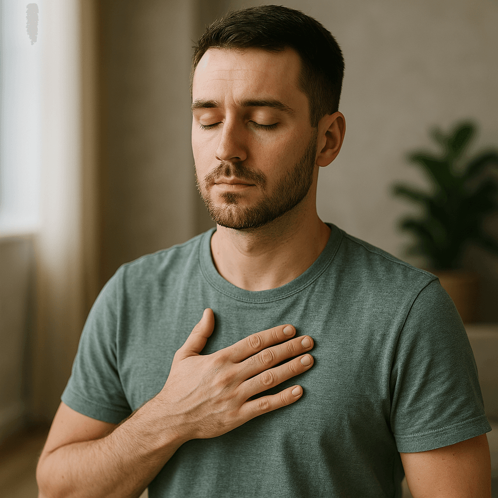 A person practicing mindfulness techniques, sitting calmly with a thoughtful expression. The background conveys a sense of inner peace and emotional balance, symbolizing self-regulation and mental well-being.