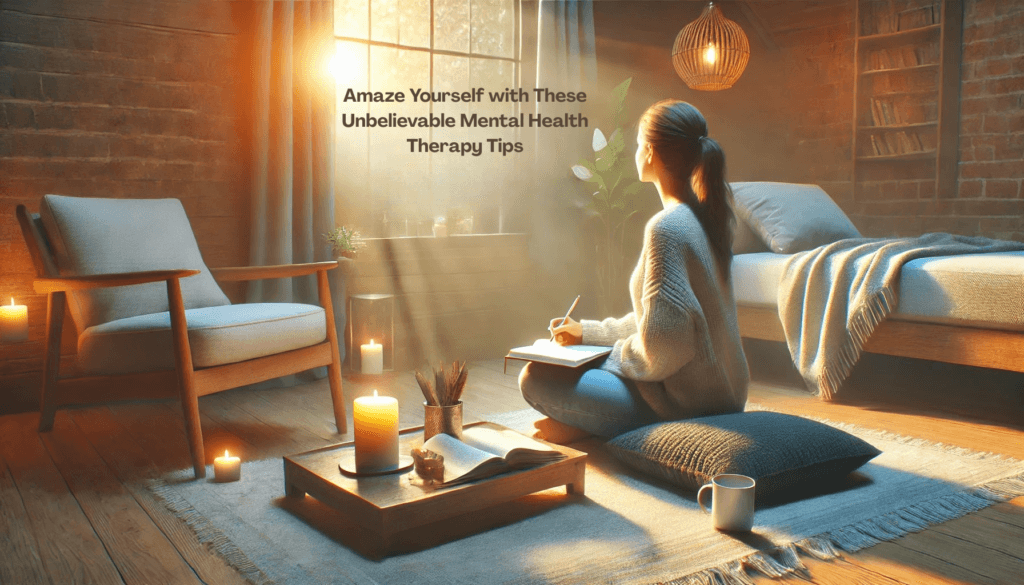 Amaze Yourself with These Unbelievable Mental Health Therapy Tips A serene and cozy setting with a person practicing mindfulness, journaling in a well-lit room with natural light, a candle, and a cup of tea, symbolizing self-discovery and mental well-being.