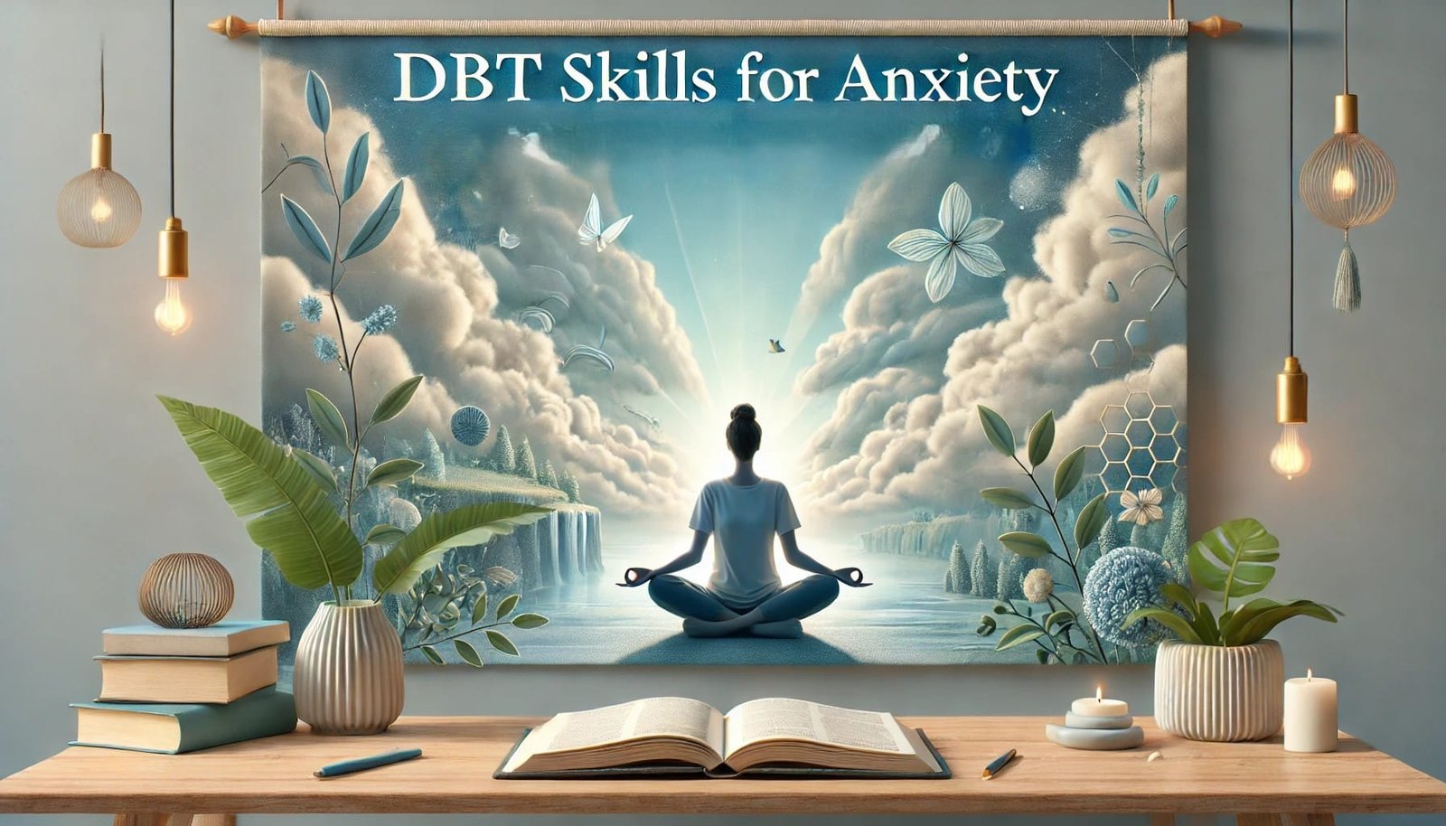 A serene banner image featuring a person in a meditative pose with a calming blue and green background, representing mindfulness, emotional balance, and therapy techniques for anxiety relief.
