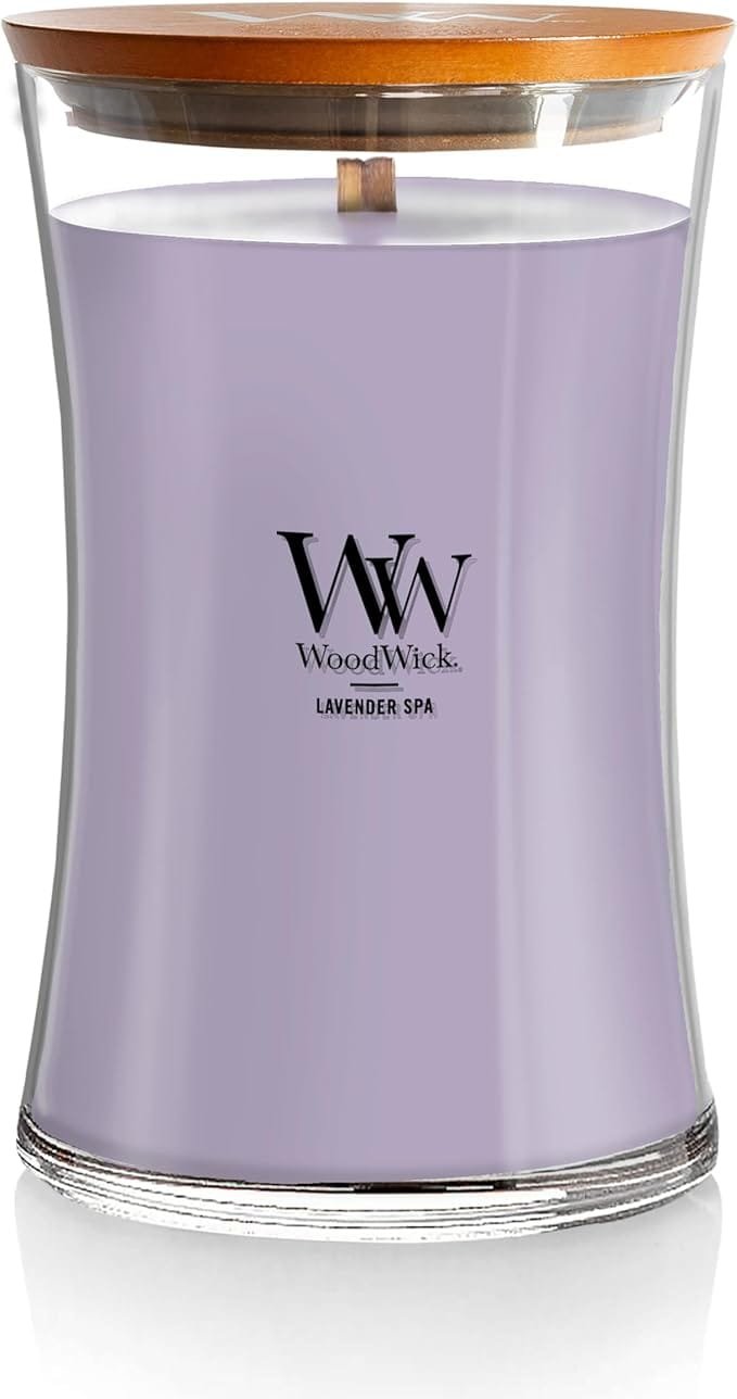 A large WoodWick hourglass candle with a calming lavender spa scent, designed to create a relaxing atmosphere. Features a crackling wooden wick for a soothing ambiance, perfect for stress relief and emotional relaxation.