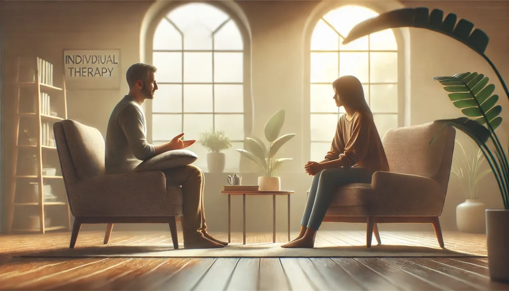 banner image for a blog post titled Individual Therapy This Will Change Your Life Forever A person sitting in a therapy session with a compassionate therapist, engaged in conversation. The setting is warm and inviting, symbolizing a safe space for healing, self-discovery, and personal growth.