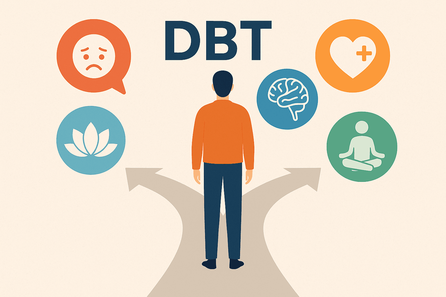 chatgpt image apr 24, 2025, 10 23 13A flat-style digital illustration visually representing Dialectical Behavior Therapy (DBT): a calm, diverse individual sits in a meditative pose, surrounded by icons symbolizing core DBT skills—mindfulness (a lotus), distress tolerance (a storm cloud), emotion regulation (a heart), and interpersonal effectiveness (chat bubbles). The background is soothing with soft pastel tones, conveying emotional balance and healing. pm