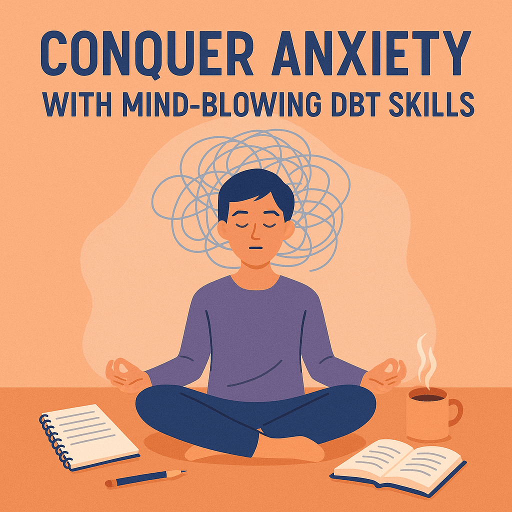 A flat-style digital illustration showing a person sitting cross-legged with eyes closed, surrounded by calming elements like soft waves, leaves, and soothing icons symbolizing mindfulness and relaxation. The background features soft blues and purples to evoke a peaceful, anxiety-relief atmosphere, representing the theme of DBT for anxiety.