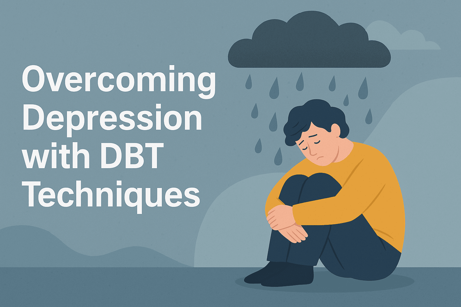 Digital illustration of a person sitting calmly on a bed with soft morning light coming in, surrounded by self-help tools like a journal, book, and tea—representing peace and emotional healing through DBT for depression.