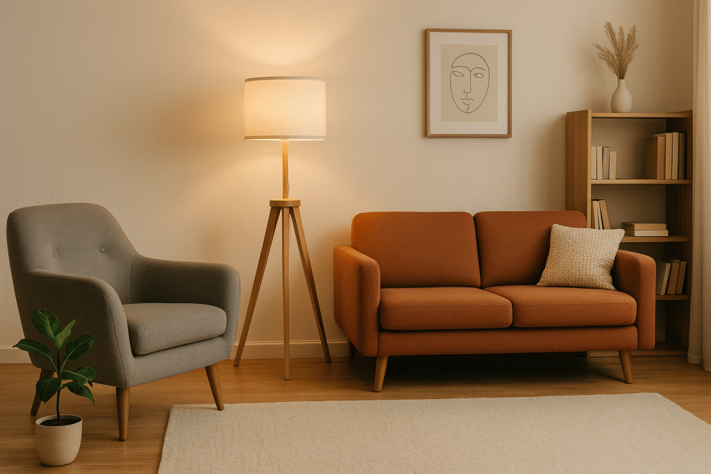 Serene Therapy Office with Mid Century Charm A warm, inviting therapy office featuring two cozy armchairs, a small table with tissues and a plant, soft lighting from a floor lamp, and calming artwork on the wall, creating a safe and welcoming space for individual therapy sessions.