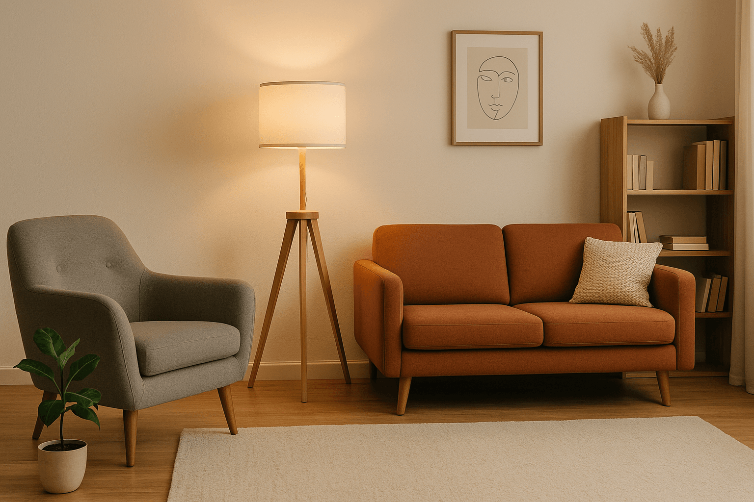 A warm, inviting therapy office featuring two cozy armchairs, a small table with tissues and a plant, soft lighting from a floor lamp, and calming artwork on the wall, creating a safe and welcoming space for individual therapy sessions.