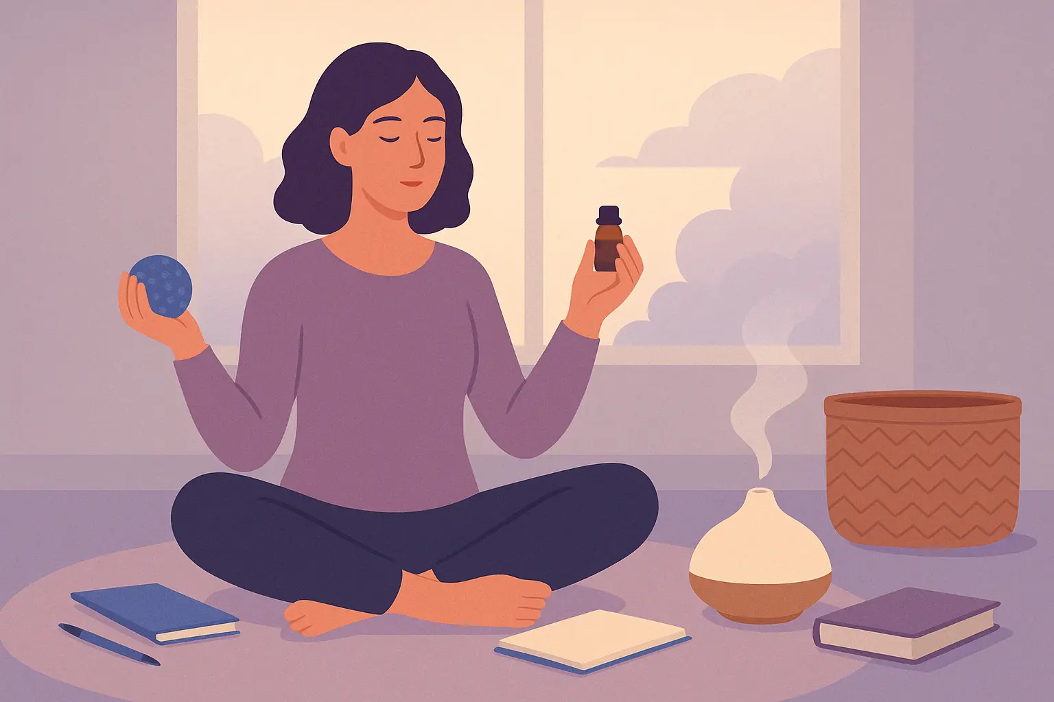 Woman practicing DBT grounding with essential oil and stress ball, surrounded by calming objects like a diffuser, books, and soft lighting in a peaceful room.