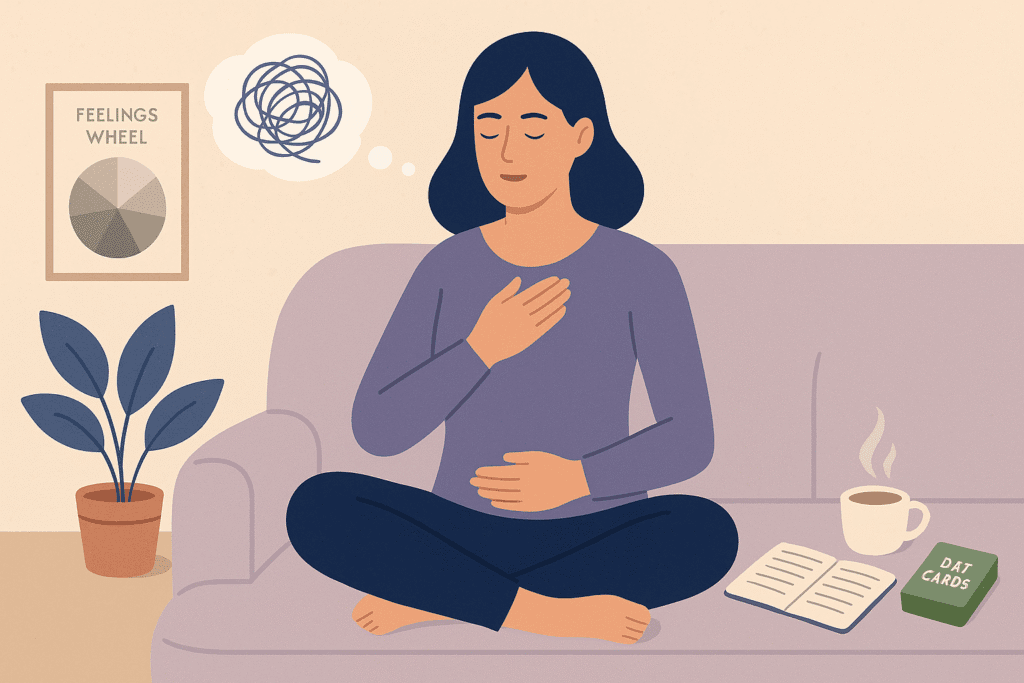 emotional regulation techniques woman grounding A flat-style digital illustration depicts a calm woman practicing emotional regulation techniques. She is seated cross-legged in a peaceful indoor space, surrounded by icons representing mindfulness, breathing exercises, and emotional tools like a journal, ice pack, and DBT cards. The setting is serene and softly lit, emphasizing a sense of control and inner balance.