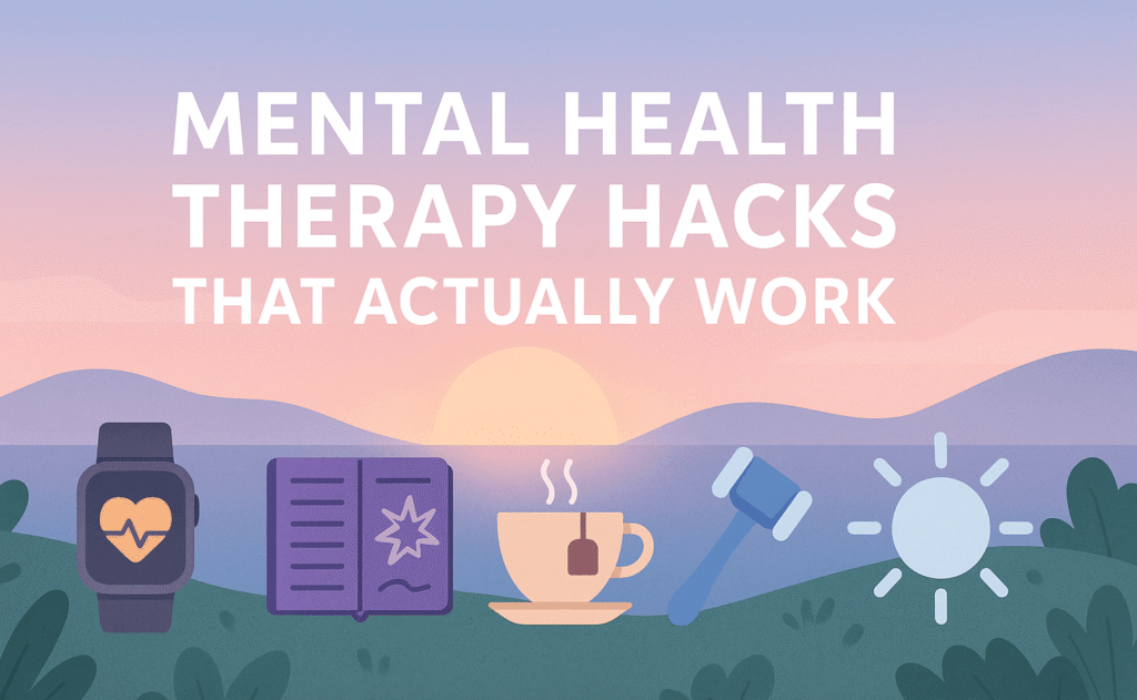 Effective Therapy Tips for Wellness e1747917741526 A digital illustration of a calm, abstract landscape with soft hills and a tranquil sky, overlaid with mental health symbols like a brain, heart, and therapy tools—representing emotional resilience and wellness strategies.
