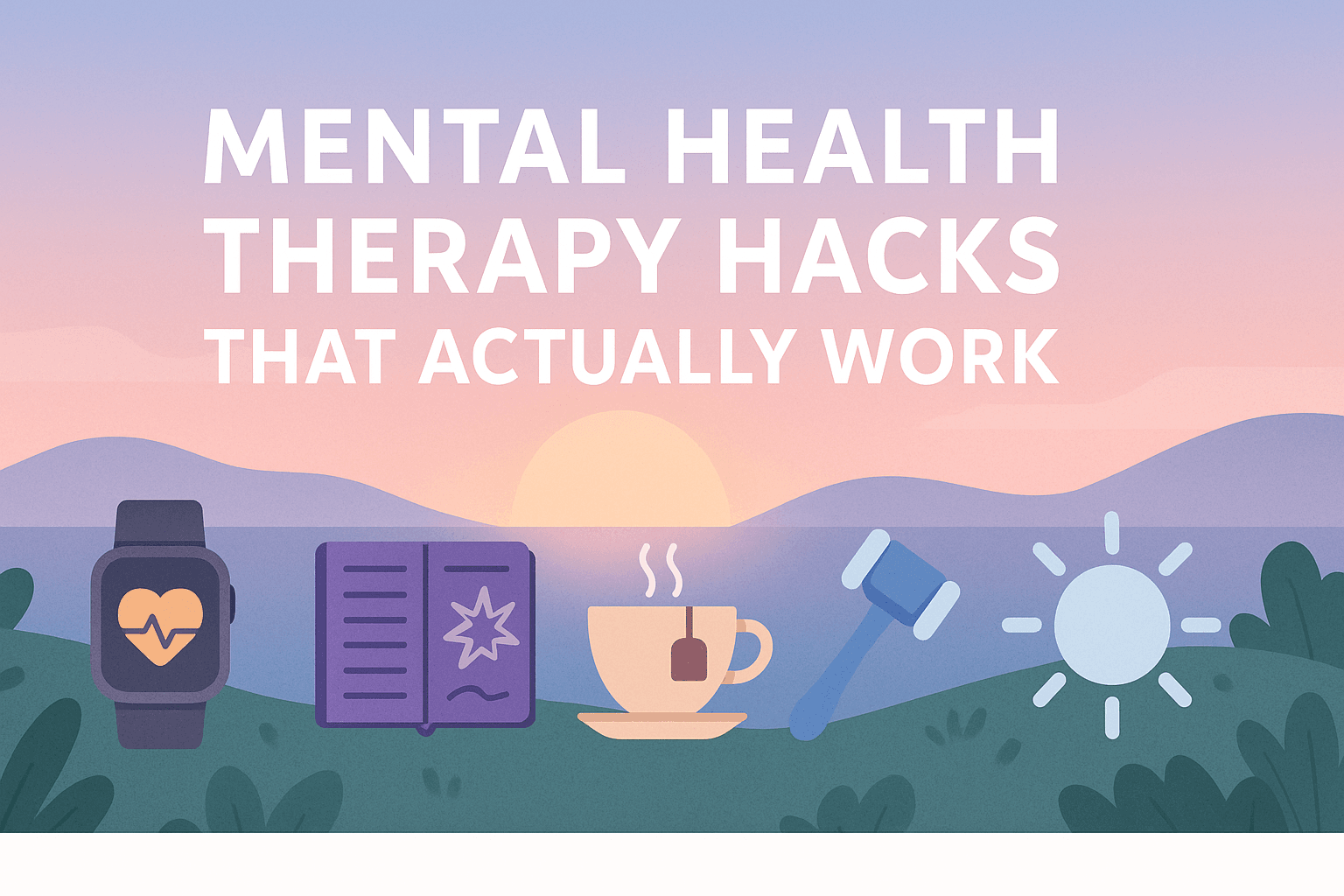 A digital illustration of a calm, abstract landscape with soft hills and a tranquil sky, overlaid with mental health symbols like a brain, heart, and therapy tools—representing emotional resilience and wellness strategies.