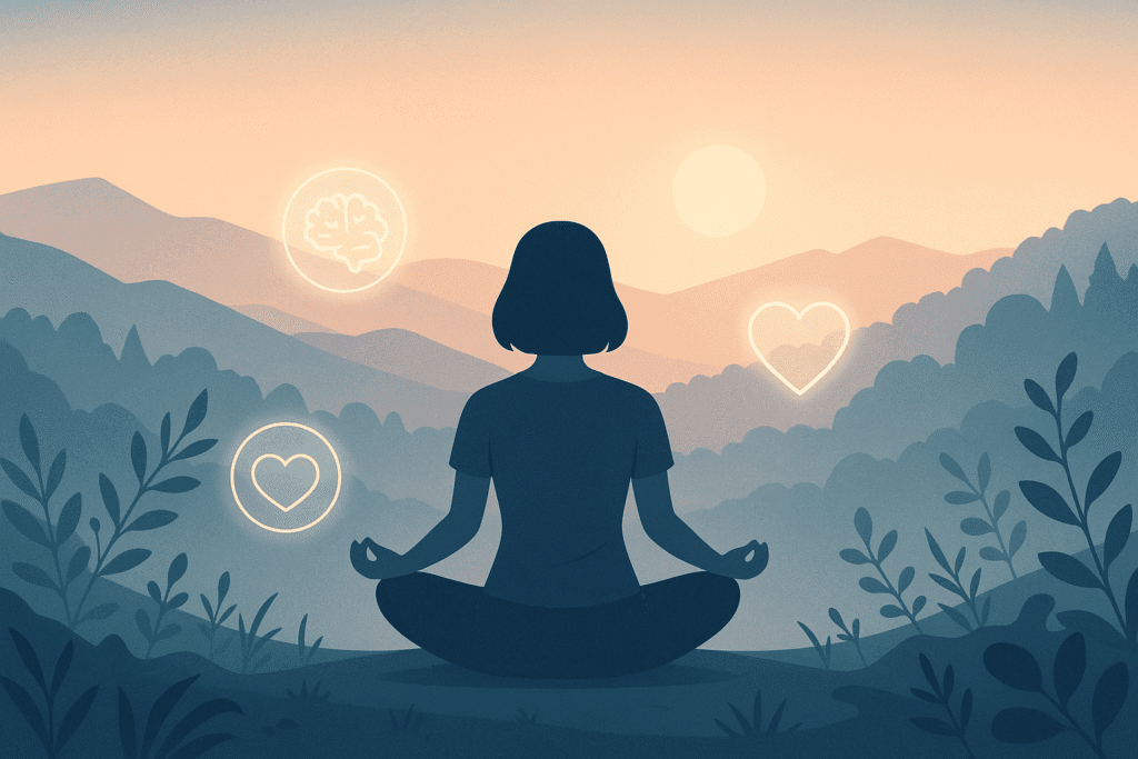 dbt for anxiety featured landscape A calming digital illustration shows a lone figure walking peacefully through a misty, open landscape surrounded by soft hills—symbolizing clarity, emotional healing, and the journey of overcoming anxiety with DBT.