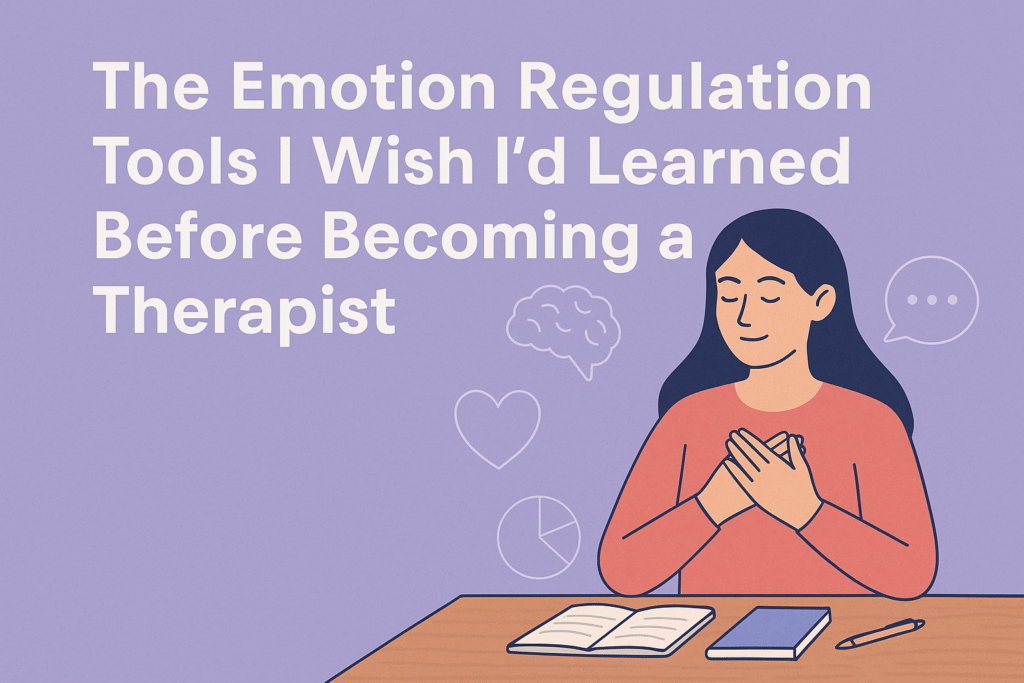 Emotion Regulation Tools for Therapists A flat-style digital illustration features a thoughtful person sitting at a desk with therapy materials, journaling or reflecting, surrounded by calming plants, coffee, and a softly lit environment—symbolizing emotional regulation and introspection.