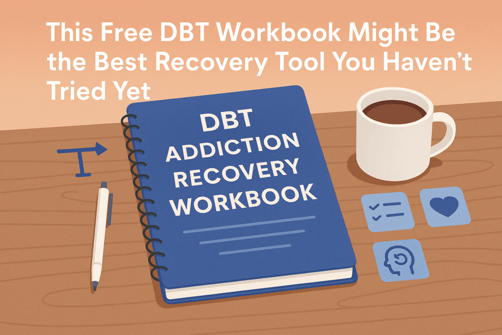 Free DBT Workbook for Recovery A flat-style landscape digital illustration showing a person holding a DBT Addiction Recovery Workbook, surrounded by calming icons like a clock, heart, and clipboard, symbolizing recovery tools and emotional regulation.