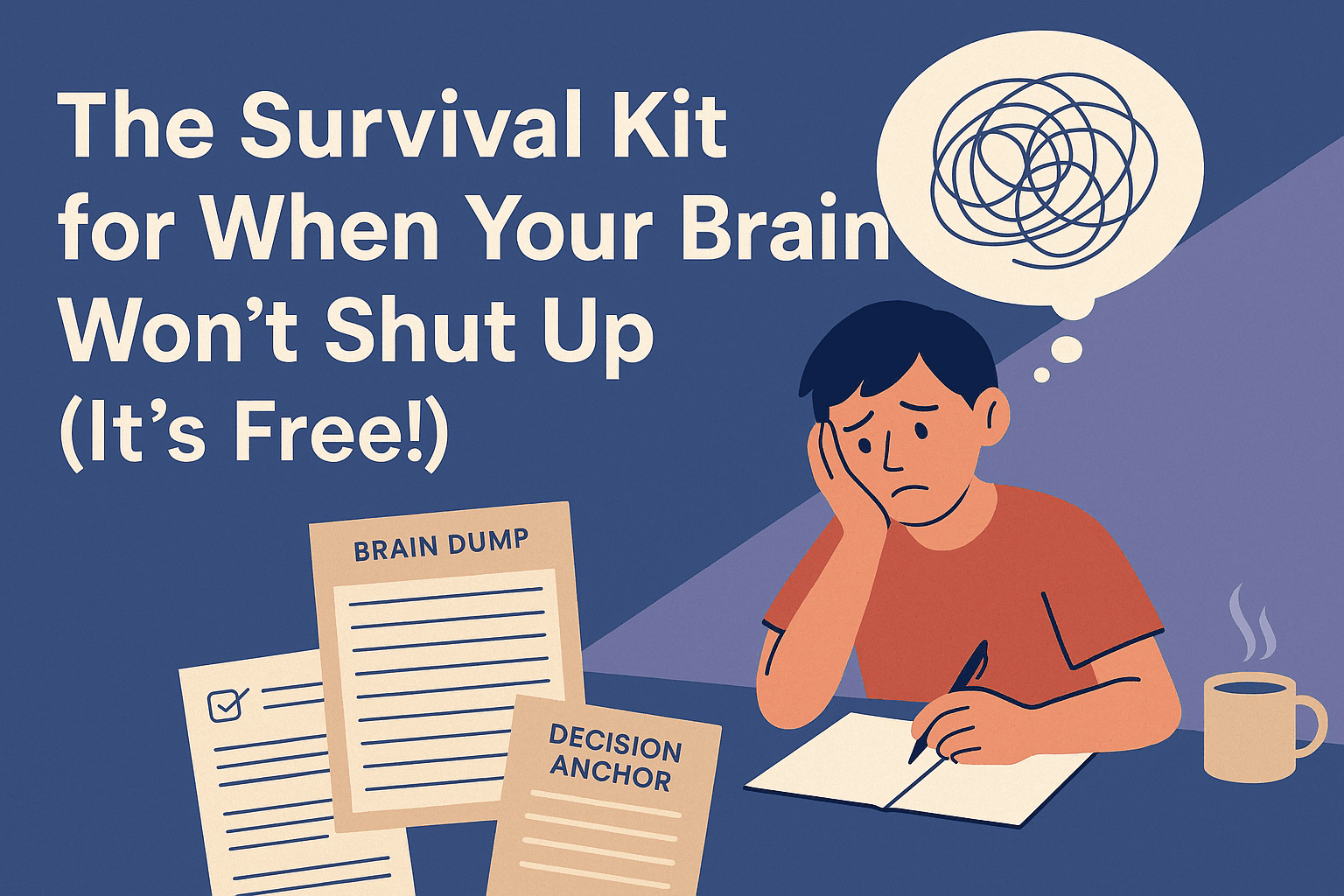 The Survival Kit for Overwhelming Thoughts Flat-style digital illustration showing a young adult sitting cross-legged with a storm cloud above their head filled with chaotic scribbles, symbolizing overthinking. Calming elements like a checklist, a heart, and a lightbulb float around them, suggesting tools and insights. The banner reads ‘Overthinking Survival Kit – Free Download.