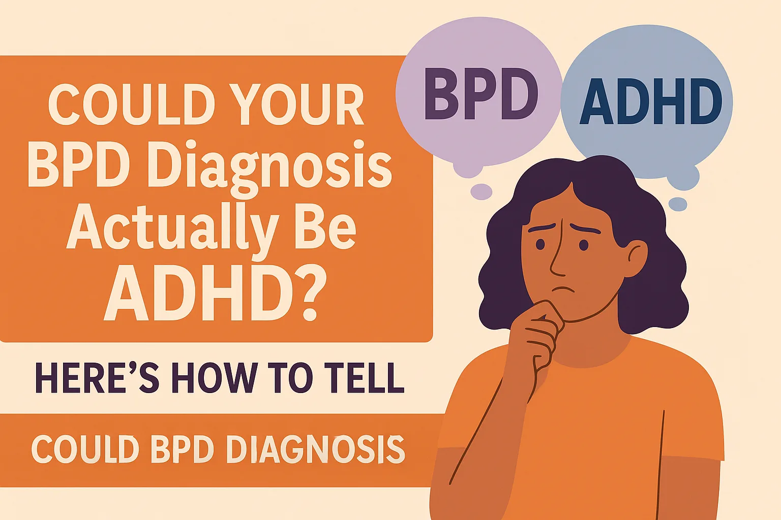A flat-style digital illustration poses the question “Could Your BPD Diagnosis Actually Be ADHD?” in bold white text on an orange background. On the right, a concerned person in an orange shirt is thinking, with two large thought bubbles above their head labeled “BPD” and “ADHD.” The overall tone is reflective, addressing diagnostic confusion.
