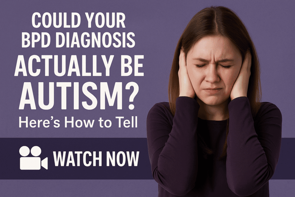 A digital illustration features a young Caucasian woman on the right, wearing a purple long-sleeve shirt and pressing her hands to her ears with a distressed expression. On the left, bold white text reads: "COULD YOUR BPD DIAGNOSIS ACTUALLY BE AUTISM? Here’s How to Tell" followed by a “WATCH NOW” button with a video icon. The background is a muted purple gradient, creating a calm but serious tone.