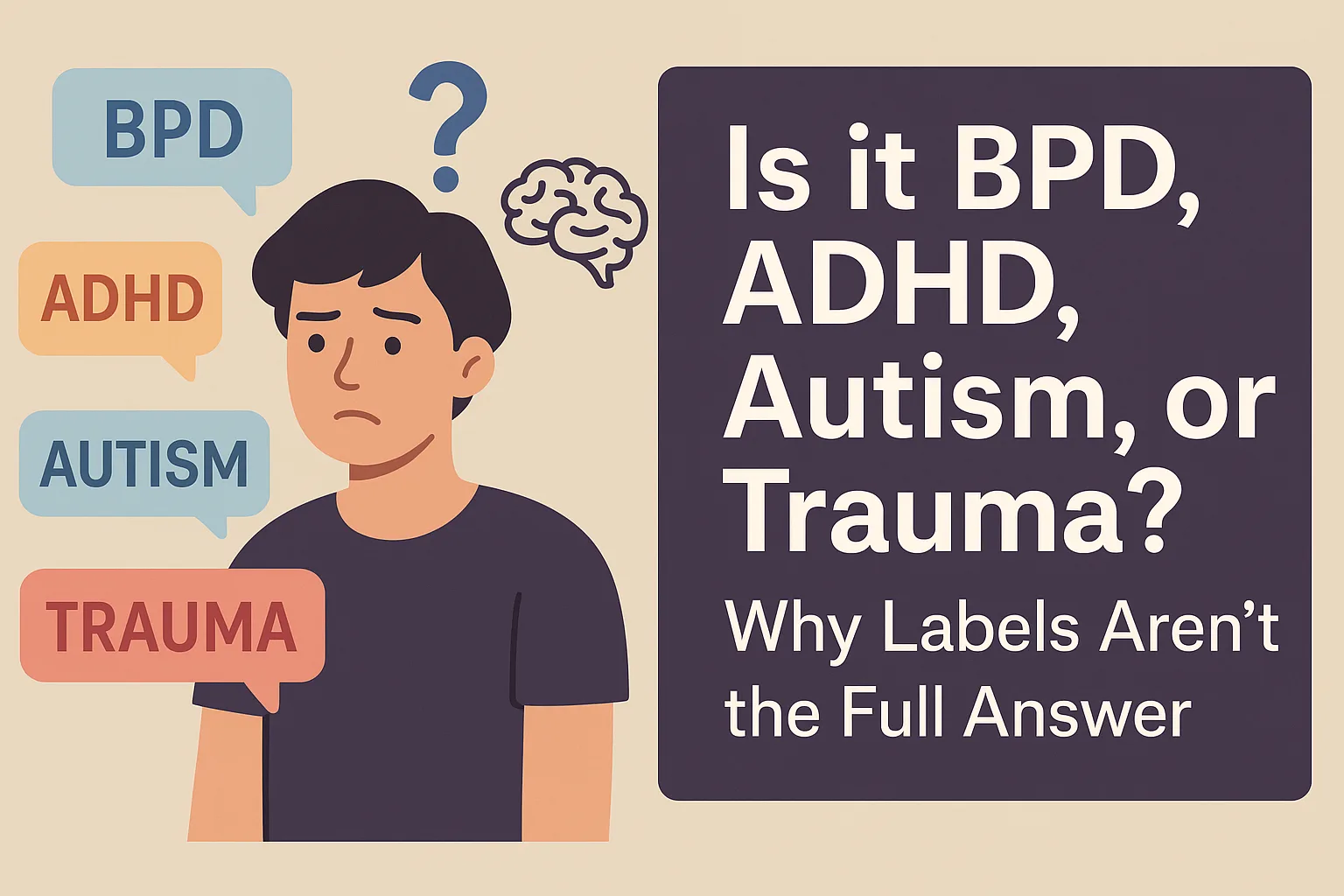 A flat-style digital illustration poses the question "Is It BPD, ADHD, Autism, or Trauma?" showing a person surrounded by overlapping thought bubbles labeled with different diagnoses, symbolizing confusion and introspection. The background features soft, calming colors to evoke a therapeutic and reflective tone.