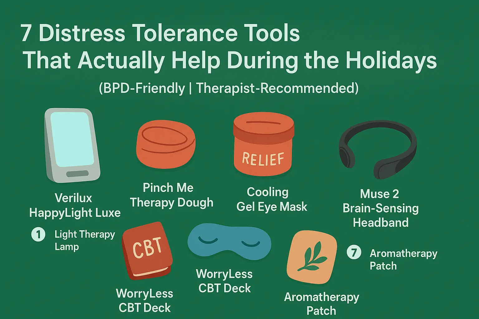 A flat-style digital illustration infographic titled “7 Distress Tolerance Tools for the Holidays,” featuring icons of therapy tools like light therapy lamp, dough, sound machine, cooling mask, CBT cards, meditation headband, and aromatherapy patch on a calming winter-themed background.