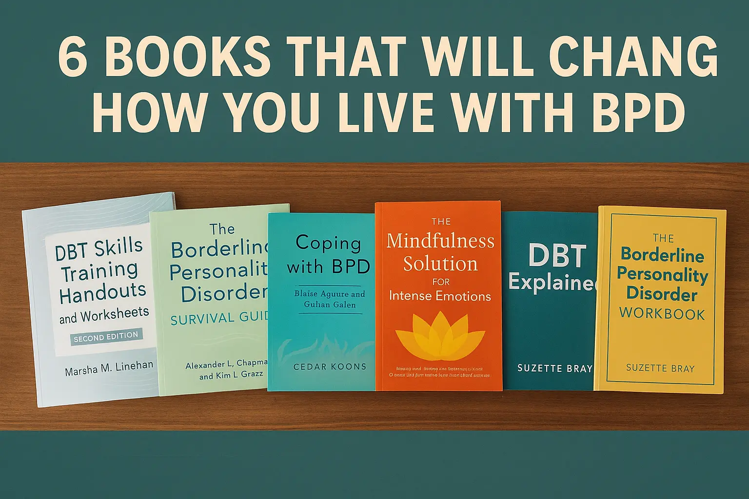 A digital illustration in landscape format displays six books about Borderline Personality Disorder (BPD) arranged side by side on a wooden surface. The titles include DBT Skills Training Handouts and Worksheets, The Borderline Personality Disorder Survival Guide, Coping with BPD, The Mindfulness Solution for Intense Emotions, DBT Explained, and The Borderline Personality Disorder Workbook. Above the books, bold white text on a teal background reads: “6 Books That Will Change How You Live with BPD.