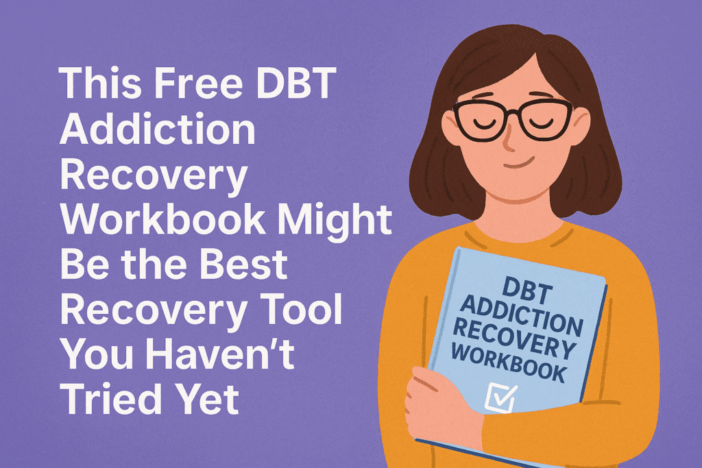 A digital illustration in landscape format promotes a free DBT Addiction Recovery Workbook. On the left, bold white text reads, “This Free DBT Addiction Recovery Workbook Might Be the Best Recovery Tool You Haven’t Tried Yet.” On the right, a woman with glasses and brown hair, wearing a mustard sweater, smiles gently while holding a blue workbook titled “DBT Addiction Recovery Workbook.” The background is a calming purple tone.