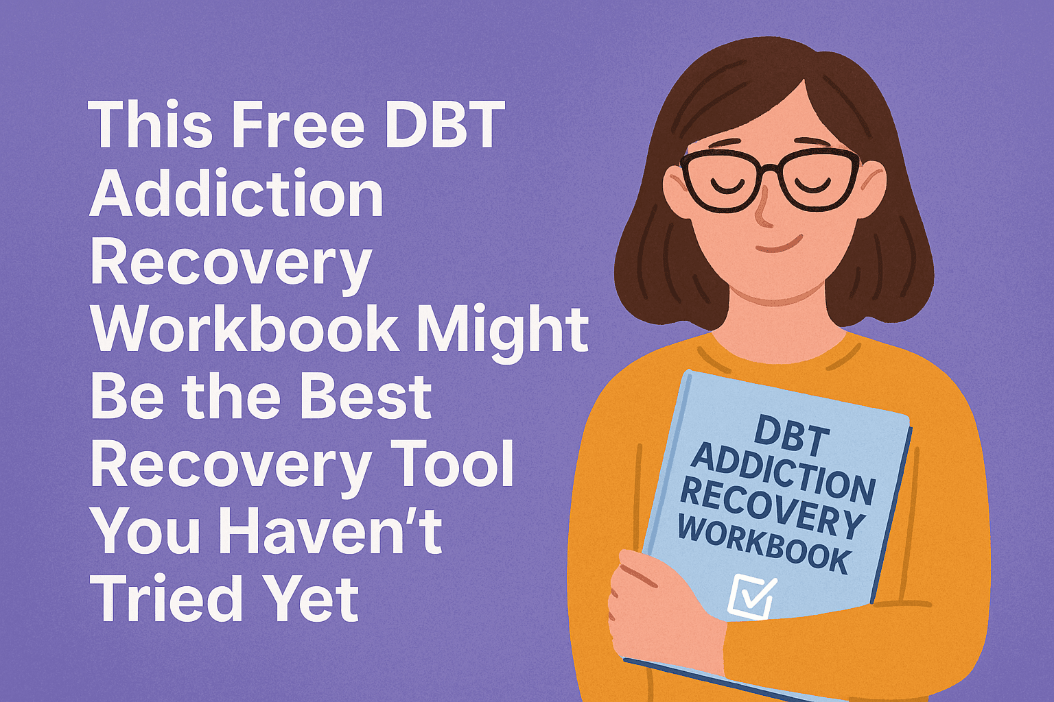 A digital illustration in landscape format promotes a free DBT Addiction Recovery Workbook. On the left, bold white text reads, “This Free DBT Addiction Recovery Workbook Might Be the Best Recovery Tool You Haven’t Tried Yet.” On the right, a woman with glasses and brown hair, wearing a mustard sweater, smiles gently while holding a blue workbook titled “DBT Addiction Recovery Workbook.” The background is a calming purple tone.