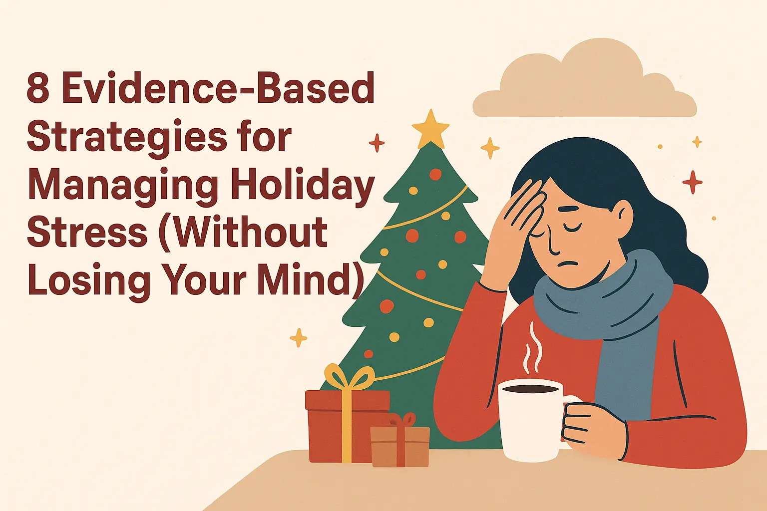 Flat-style illustration for blog post "8 Evidence-Based Strategies for Managing Holiday Stress" showing calming holiday-themed graphics, symbolizing mindfulness, stress relief, and DBT/CBT coping tools.