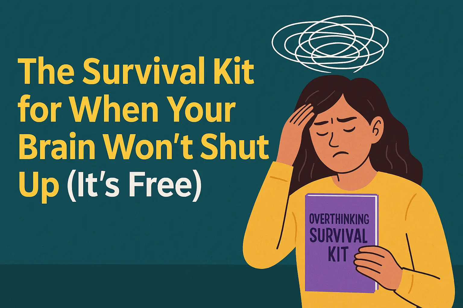 A digital illustration in landscape format promotes the “Overthinking Survival Kit.” On the left, bold yellow and white text reads, “The Survival Kit for When Your Brain Won’t Shut Up (It’s Free).” On the right, a frustrated woman in a mustard sweater holds a purple booklet labeled “Overthinking Survival Kit,” with a scribbled thought cloud above her head symbolizing racing thoughts. The background is teal, creating a calming contrast.