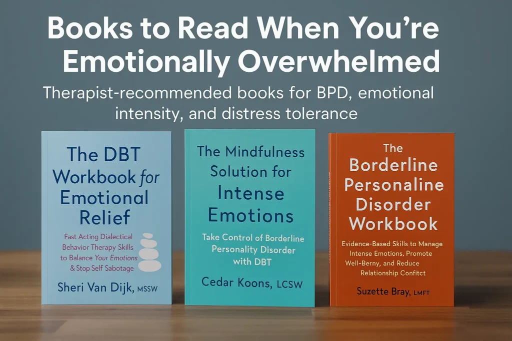 A digital image in landscape format showcases three therapist-recommended books for emotional overwhelm arranged on a wooden surface. From left to right: The DBT Workbook for Emotional Relief by Sheri Van Dijk with a light blue cover, The Mindfulness Solution for Intense Emotions by Cedar Koons with a turquoise cover, and The Borderline Personality Disorder Workbook by Suzette Bray with an orange cover. Above the books, bold white text reads: “Books to Read When You’re Emotionally Overwhelmed,” with a subtitle noting their focus on BPD, emotional intensity, and distress tolerance.