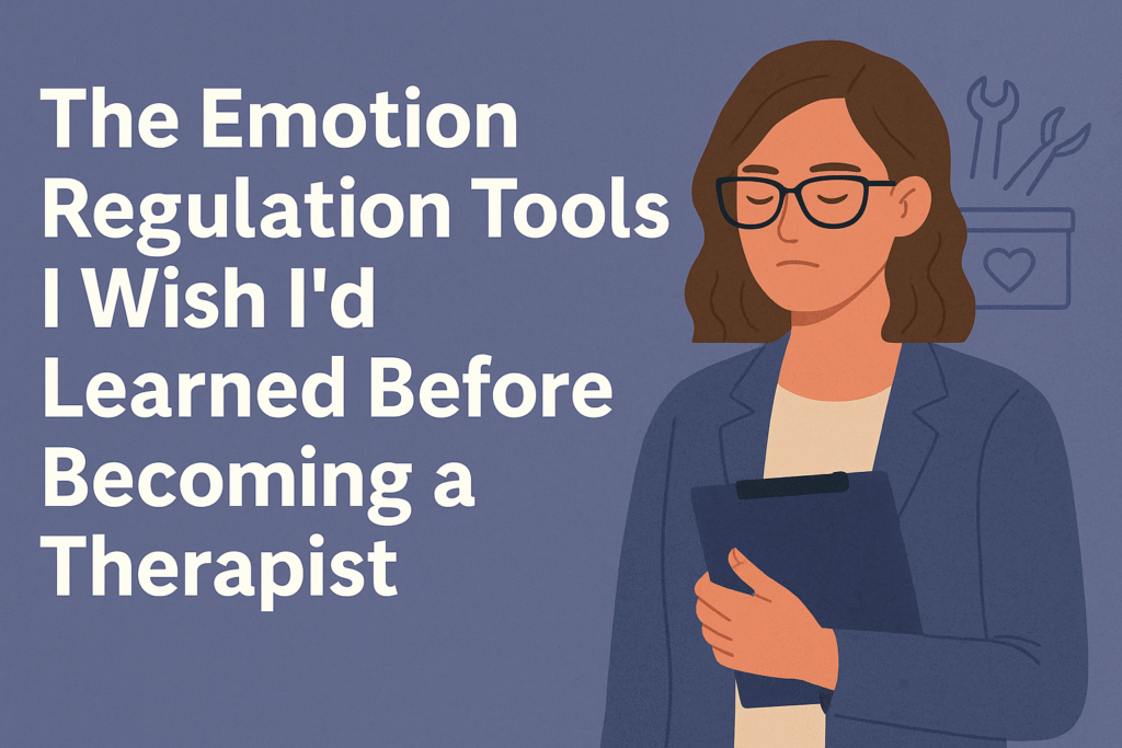 A digital illustration in landscape format features bold white text reading “The Emotion Regulation Tools I Wish I’d Learned Before Becoming a Therapist” on the left. On the right, a calm female therapist with glasses and brown hair holds a clipboard, while a simple toolbox icon with tools appears behind her, symbolizing emotional tools and strategies. The background is a soft purple-blue gradient, conveying a reflective, professional tone.