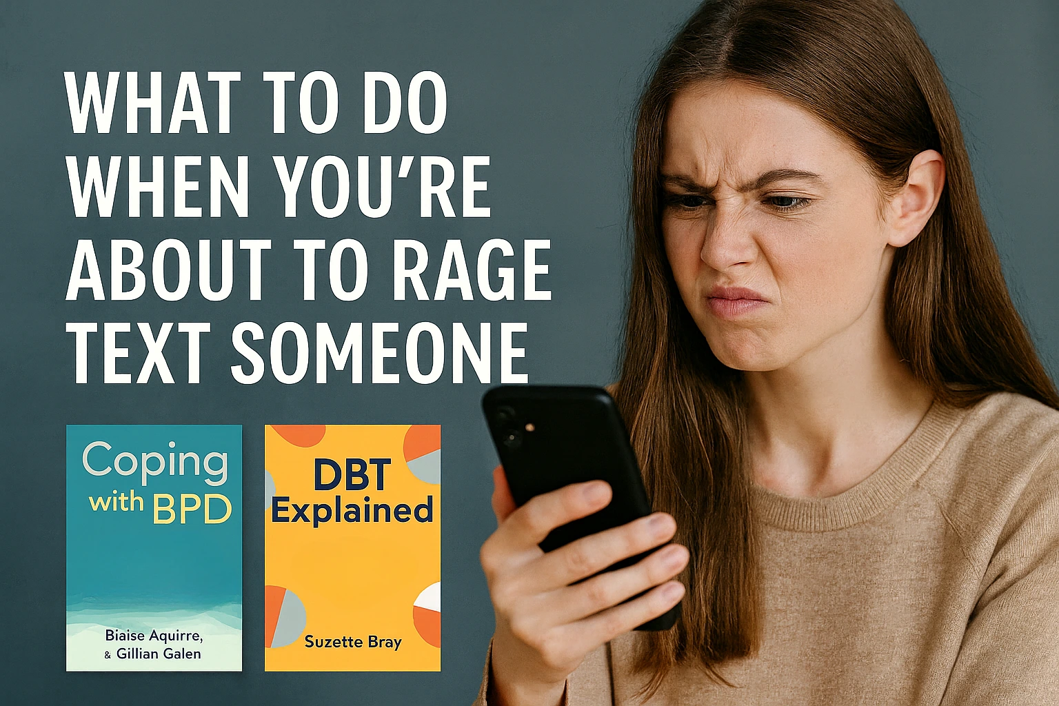 A digital graphic in landscape format shows a frustrated young woman in a beige sweater frowning at her smartphone as if about to send an angry text. On the left, bold white text reads: “What to Do When You’re About to Rage Text Someone.” Below the text are two clear book covers: Coping with BPD and DBT Explained, representing therapist-recommended resources for managing impulsivity and emotional reactivity.
