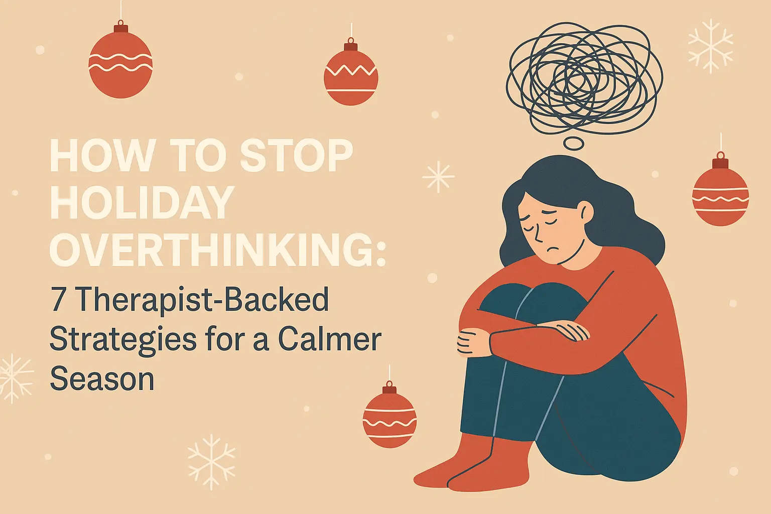 A flat-style digital illustration for the blog “How to Stop Holiday Overthinking: 7 Therapist-Backed Strategies for a Calmer Season.” It shows a worried woman sitting with her knees pulled in, surrounded by festive ornaments and snowflakes, with a tangled scribble above her head representing overthinking. The beige background and minimal holiday decor convey calmness amidst stress.