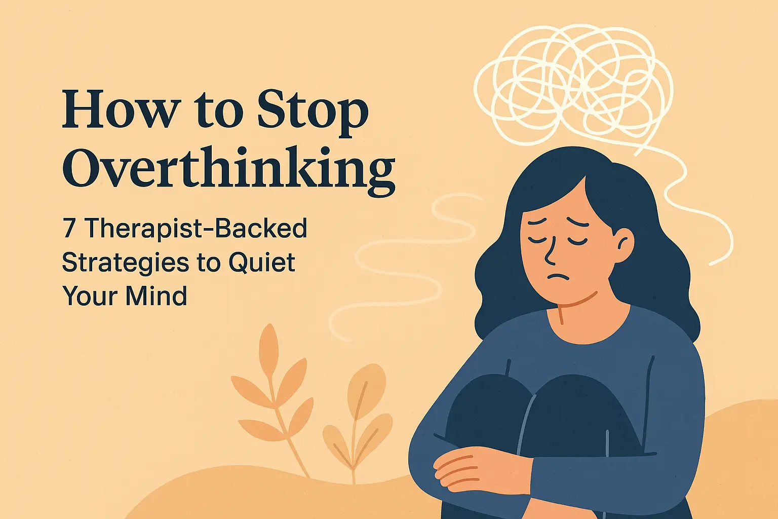 A flat-style digital illustration for the article “How to Stop Overthinking.” It shows a calm beige background with a thoughtful woman sitting curled up, eyes closed, with a tangled thought cloud above her head. The title text reads, “How to Stop Overthinking: 7 Therapist-Backed Strategies to Quiet Your Mind.