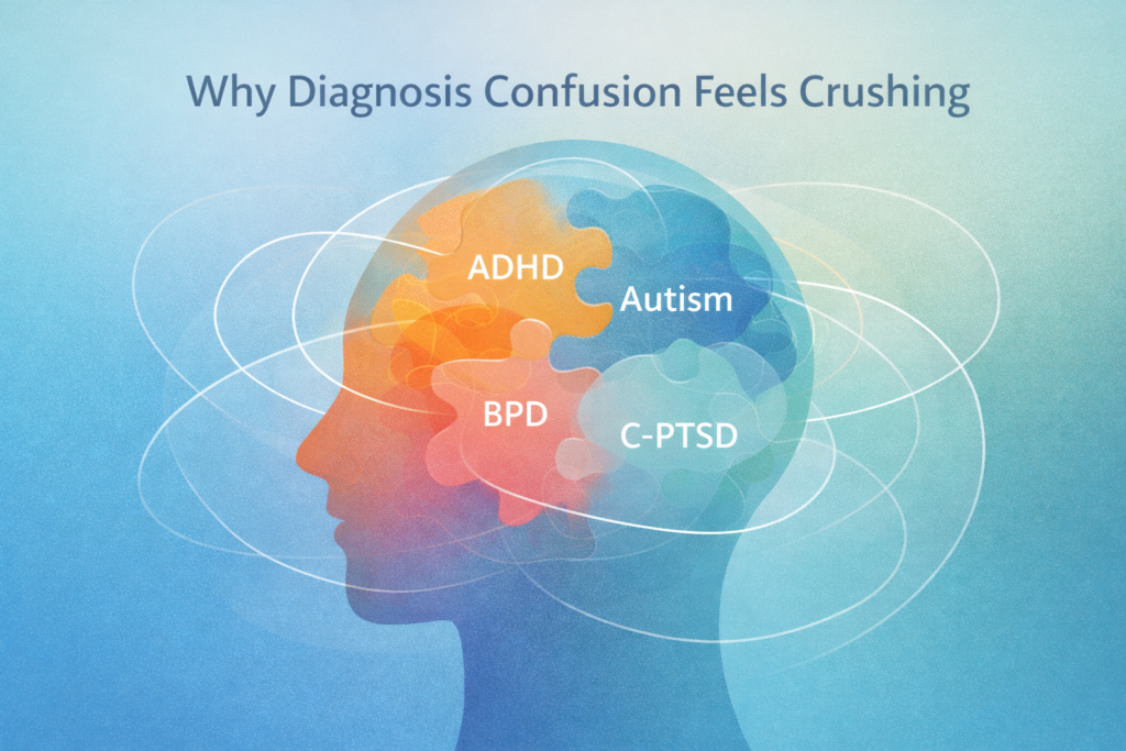 Overlapping ADHD Autism BPD and C PTSD shapes inside a head silhouette showing the complexity of diagnosis confusion Overlapping ADHD, Autism, BPD, and C PTSD shapes inside a head silhouette, showing the complexity of diagnosis confusion.