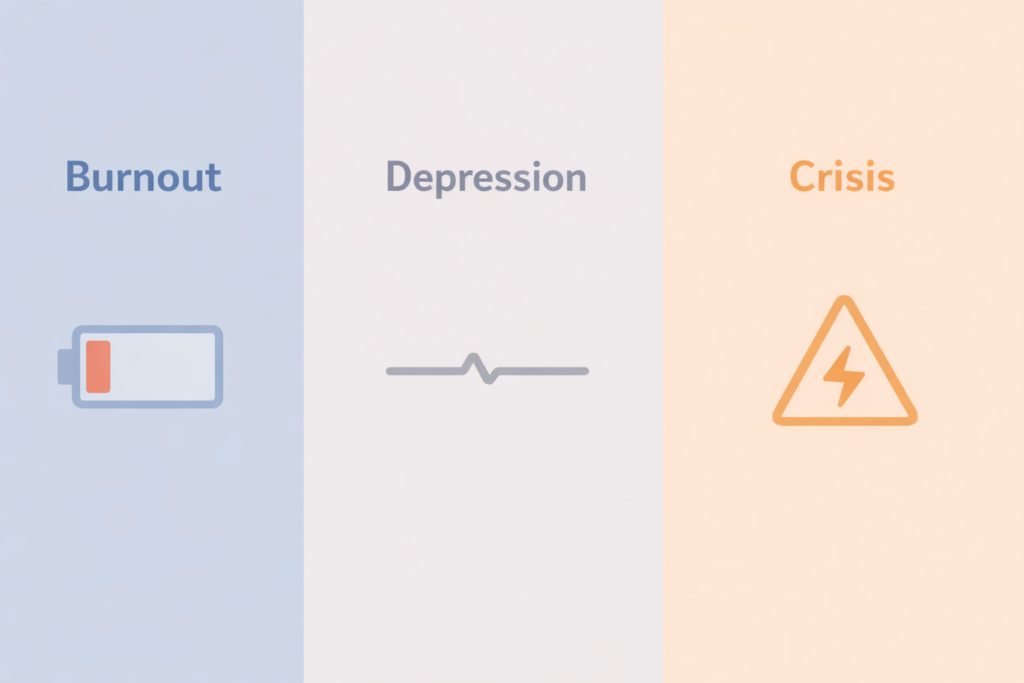 Infographic comparing burnout, depression, and crisis using three equal columns.