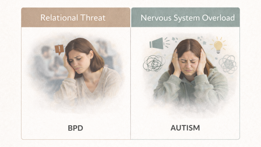 BPD vs autism comparison chart showing relational threat versus nervous system overload