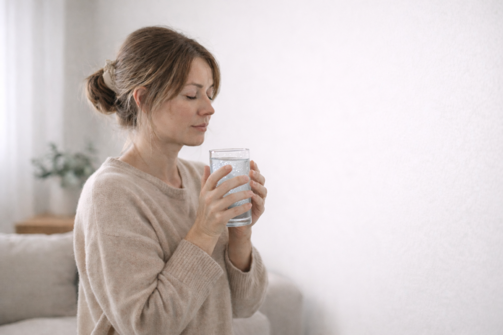 Person gently holding a cool glass of water as a grounding exercise